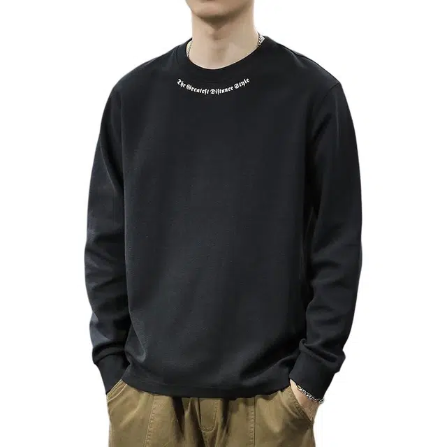 前进牛 美式休闲极简风高街潮牌字母刺绣痞帅重磅圆领长袖潮流宽松大码纯色刺绣打底衫卫衣 男款