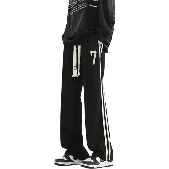 协协乐 两条杠条纹设计感美式刺绣潮牌春秋季宽松直筒阔腿拖地裤百搭运动青少年长裤休闲裤 男款