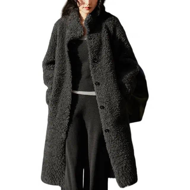 比利斯山羊 纯羊毛颗粒外套立领长款单排扣百搭时尚羊剪绒皮草 女款