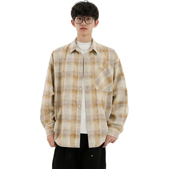 冈哉  美式复古基础款长袖撞色扎染格纹大格子翻领叠穿潮搭垂感痞帅宽松少年感舒适打底内搭外穿秋款衬衫 男女同款