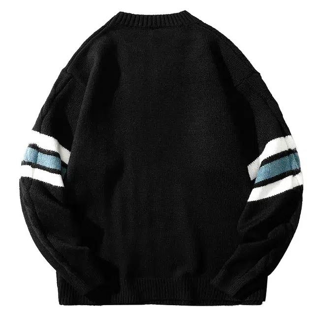 吾皇猫 慵懒风美式复古高街简约基础款学院风圆领套头内搭保暖长袖上衣时尚贴布针织外套潮流潮牌百搭休闲毛衣 男女同款