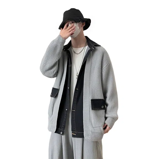 半空山 美式潮流条纹假两件设计感宽松休闲百搭情侣开衫外套针织衫 男女同款