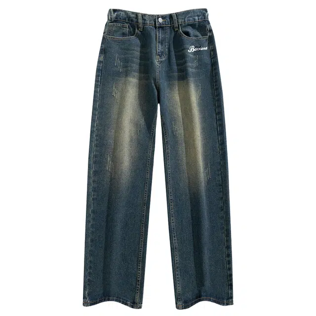 巴塞罗那足球俱乐部 复古高街舒适宽松直筒简约水洗做旧长裤百搭美式通勤休闲牛仔裤 男女同款