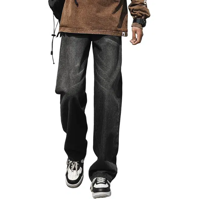 协协乐 高街风美式复古做旧水洗渐变春秋季潮牌宽松直筒阔腿拖地青少年休闲百搭运动长裤牛仔裤 男款
