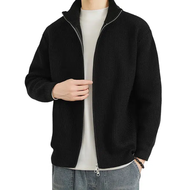 冈哉 美式纯色拉链开衫简约基础款宽松休闲舒适亲肤柔软百搭落肩袖立领针织衫 男女同款