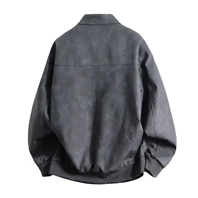 快鱼 美式复古高街翻领机车风铆钉拼接设计简约痞帅脏脏纯色宽松休闲重磅基础款皮衣 男女同款