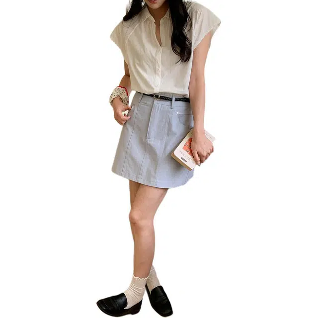 木清清 娃娃领压褶小飞袖宽松衬衫 女款