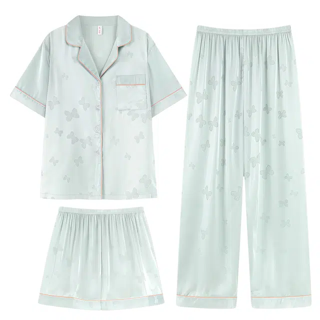 俏韵 翻领冰丝短袖高级感蝴蝶家居服可外穿睡衣套装 女款 蓝色