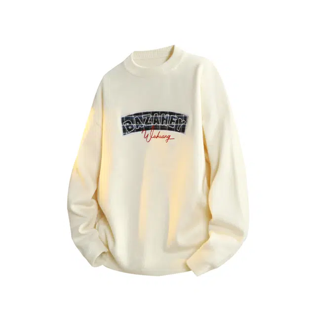 吾皇猫 慵懒高级感贴布绣设计复古潮牌纯色舒适软糯保暖宽松圆领套头休闲打底长袖毛衣针织衫 男女同款