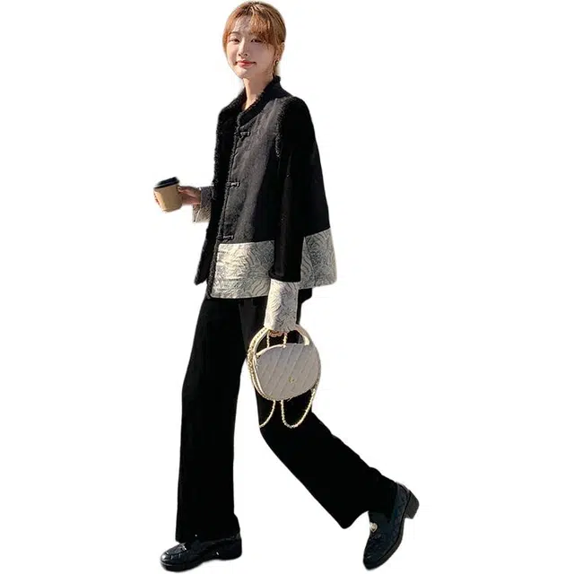 稻草人 丝绒新中式轻国风盘扣马甲卫衣长裤三件套休闲套装 女款