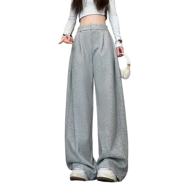 一碗士多 纯色简约肌理感廓形百搭垂感拖地重磅工字褶美式复古高街小众设计高级感弯刀直筒松紧腰宽松运动户外休闲裤 男女同款