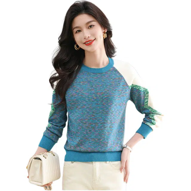 恒源祥 时尚拼接气质百搭撞色设计感圆领洋气长袖针织衫 女款