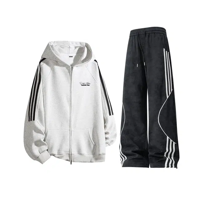 梓润格 全棉三条杠织带时尚简约潮流百搭酷飒舒适户外运动无性别主义日常连帽开衫外套美式条纹休闲裤宽松个性直筒裤子卫衣套装 男女同款