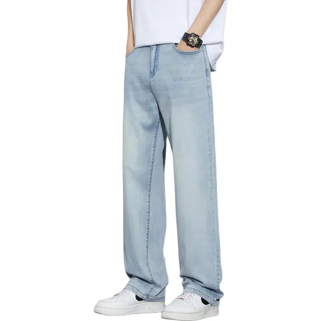 瑞梵帝斯 美式复古潮流莱赛尔面料薄款透气设计高街水洗做旧宽松垂感阔腿直筒休闲舒适软感裤男生牛仔裤 男款