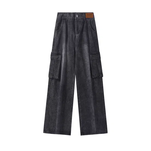 【小个子显高显瘦】布客行 美式复古高街纯色扎染多口袋工装户外长裤子宽松大码直筒阔腿休闲百搭弹力柔软学院风显腿长牛仔裤 男女同款