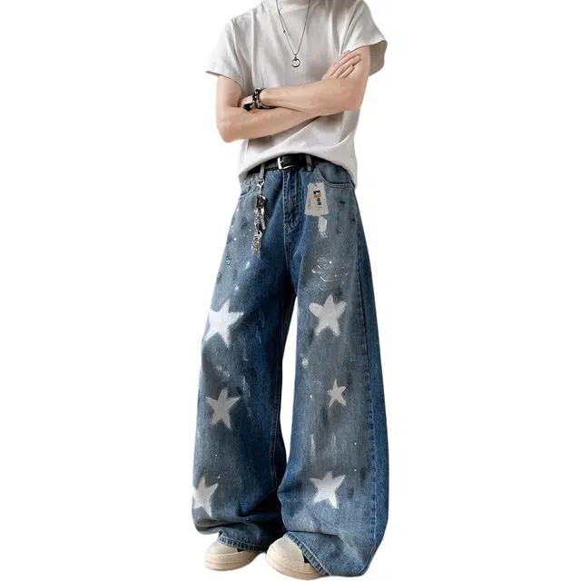 地界二 美式高街设计感五角星印花男潮牌复古做旧泼墨涂鸦拖地裤五角星印花复古做旧宽松潮流中低腰长裤牛仔裤 男款