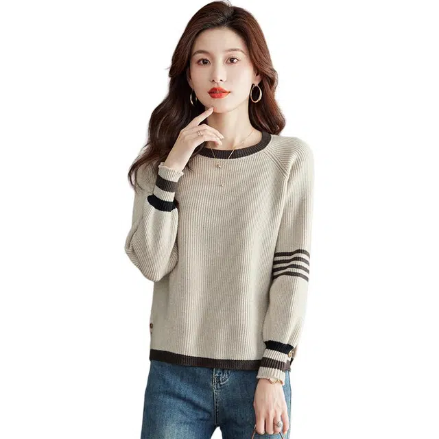 稻草人 时尚简约休闲百搭舒适圆领长袖针织衫 女款
