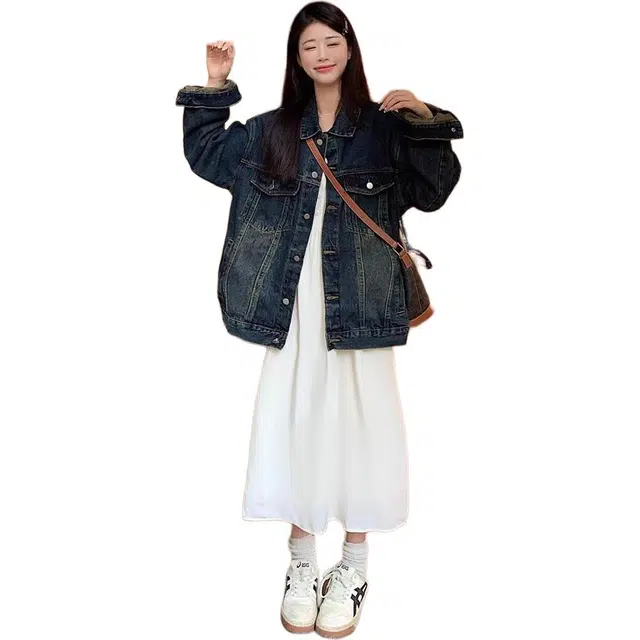 邓大喵 美式水泥灰复古女春秋宽松大码做旧夹克气质长袖上衣牛仔外套 女款