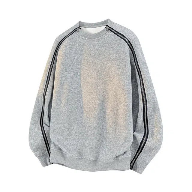 哲源 美式复古华棉长拉链拼接小众设计感男款春秋外套简约纯色圆领套头衫潮牌百搭宽松舒适潮流痞帅无帽休闲卫衣 男女同款