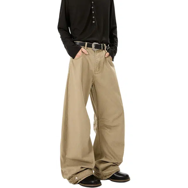 拓菲 美式复古廓形弯刀褶皱工装情侣小众设计休闲牛仔裤 男女同款