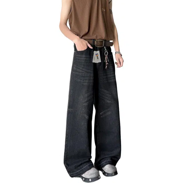 地界二 蓝色小众街头弯刀男夏季潮牌宽松阔腿拖地裤情侣镰刀裤子蓝色街头夏季宽松潮流中低腰长裤牛仔裤 男款