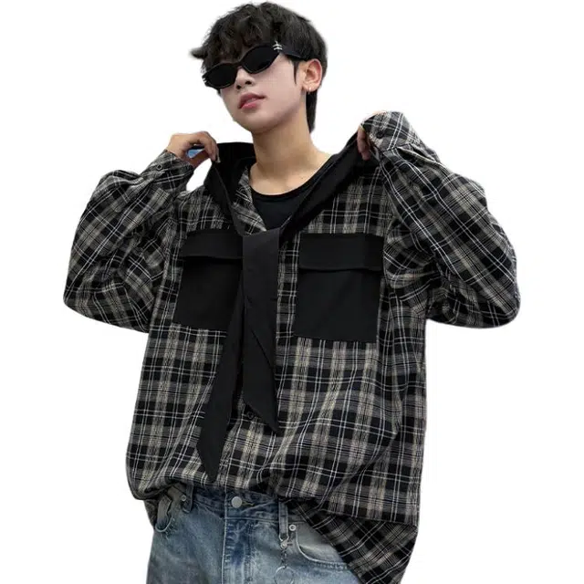 拓菲 美式复古格子男夏季薄款防晒连帽长袖衬衣情侣款工装格纹外套衬衫 男女同款