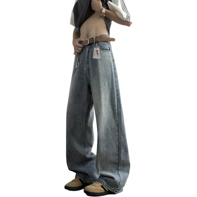地界二 美式复古水洗弯刀男夏季潮牌宽松高级感直筒阔腿长裤子复古水洗夏季宽松潮流中低腰牛仔裤 男款