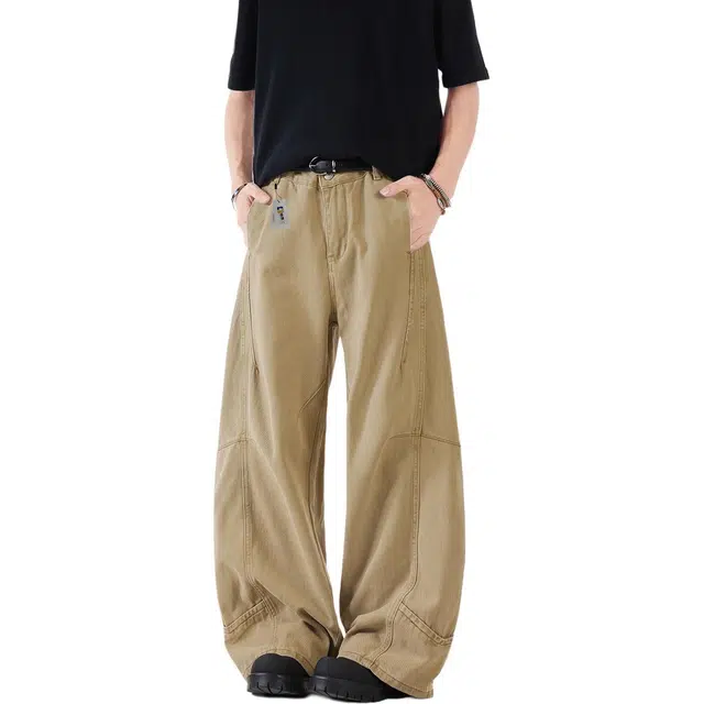 地界二 卡其色解构拼接休闲裤男美式复古弯刀宽松百搭运动长裤解构拼接美式复古弯刀宽松潮流中低腰长裤牛仔裤 男款