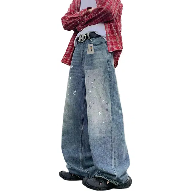 地界二 美式高街设计感泼漆涂鸦阔腿男夏季复古做旧设计感拖地裤泼漆涂鸦阔腿复古宽松潮流中腰牛仔裤 男款