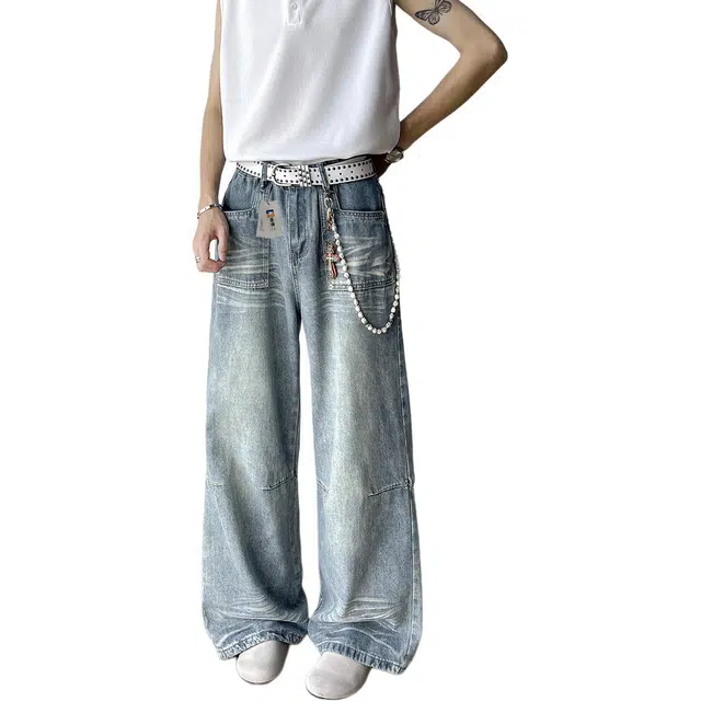 地界二 美式复古水洗做旧阔腿男设计感小众宽松直筒猫须长裤子复古水洗阔腿宽松潮流中低腰长裤牛仔裤 男款