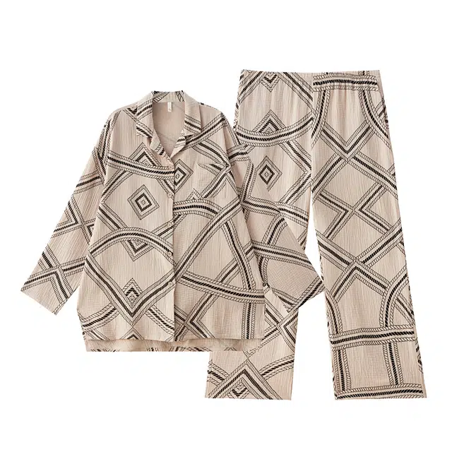 俏薇妮 春秋款纯棉纱布婴儿棉带胸垫一体长袖可外穿大码睡衣套装 女款