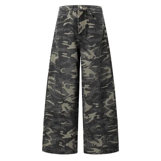 拾籍 美式风格拼接迷彩设计工装裤宽松牛仔裤 女款