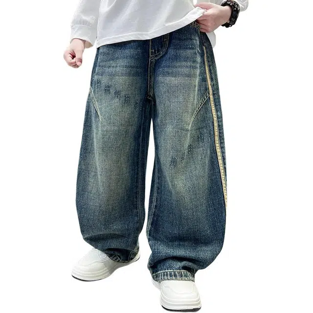 帕兰朵牛仔裤 女童裤子春秋时尚宽松直筒阔腿长裤 青少年