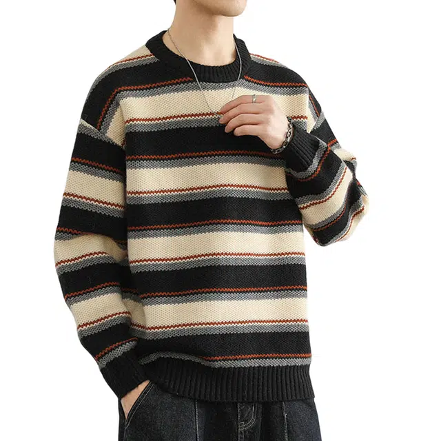 冈哉 美式复古撞色条纹宽松圆领套头慵懒风日常通勤百搭休闲舒适柔软亲肤针织衫 男女同款