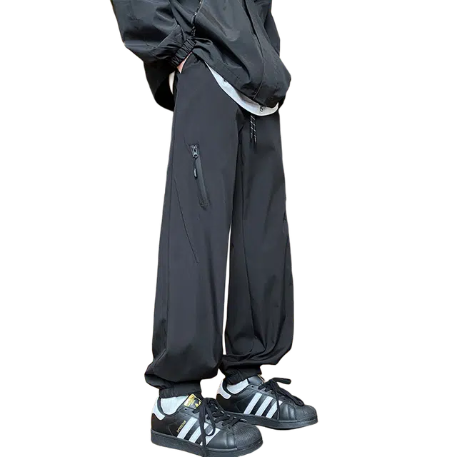 一碗士多 美式高街小众个性时尚运动户外登山跑步简约舒适贴身轻便直筒裤斜切拉链设计机能防风防水速干束脚感百搭宽松休闲裤 男女同款