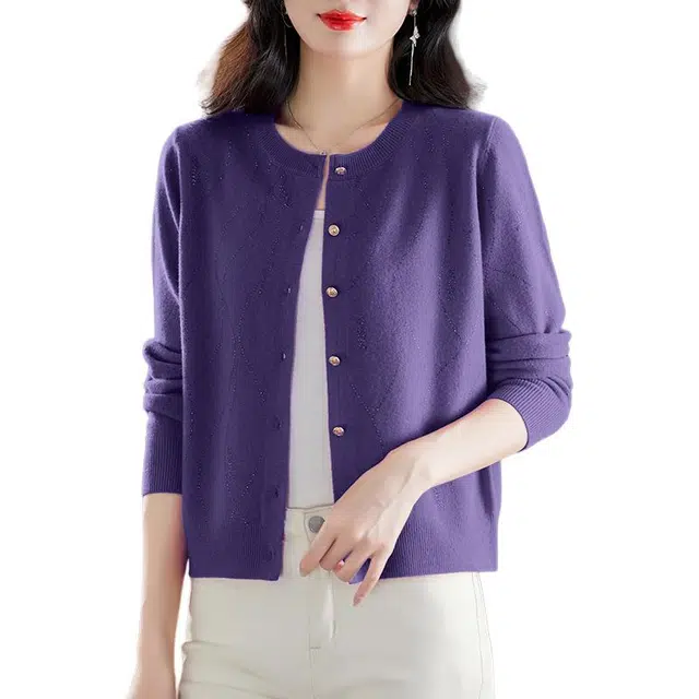 袋鼠 简约时尚百搭减龄纯色圆领单排扣亲肤羊毛针织衫 女款