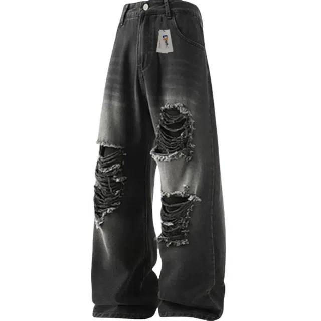 地界二 潮牌美式高街破洞做旧水洗宽松休闲潮流阔腿长裤牛仔裤 男款