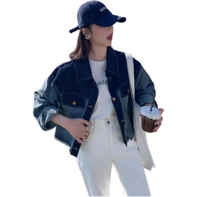 邓大喵 撞色女春秋季设计感小众时尚百搭衣休闲减龄夹克开衫牛仔外套 女款