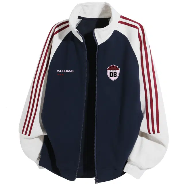 吾皇猫 双拉链设计美式学院风复古简约百搭拼接拼色时尚潮流插立领三条杠条纹运动开衫早秋休闲夹克外套 男女同款