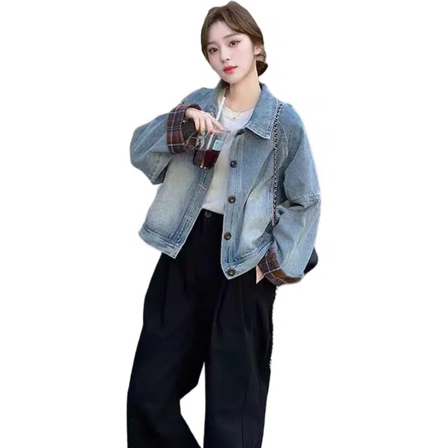 邓大喵 格子拼接韩系高级感牛仔外套 女款