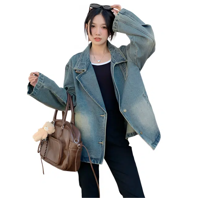 荟萃阁 纯色宽松适中翻领长袖牛仔外套 女款