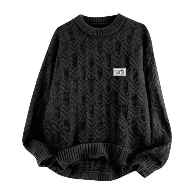 吾皇猫 学院风美式复古提花设计高街简约百搭基础款圆领套头长袖上衣时尚贴布针织无性别穿搭潮流保暖内搭打底衫休闲毛衣 男女同款