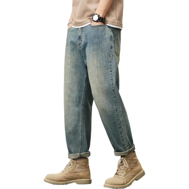 瑞梵帝斯 夏季复古高街风日常通勤柔软亲肤直筒休闲百搭冰丝凉感水洗显瘦青春流行宽松锥形哈伦潮流裤男生牛仔裤 男款