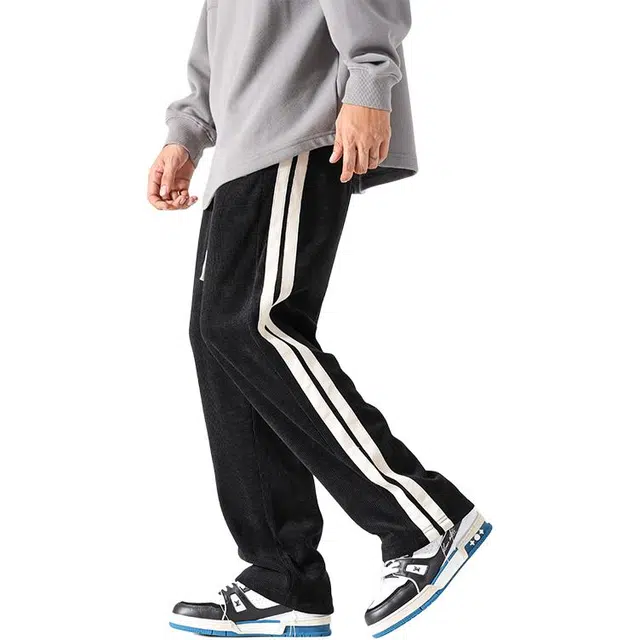 么宁 秋冬季垂感简约百搭宽松直筒裤侧边条纹舒适透气个性潮牌日常运动休闲裤 男女同款