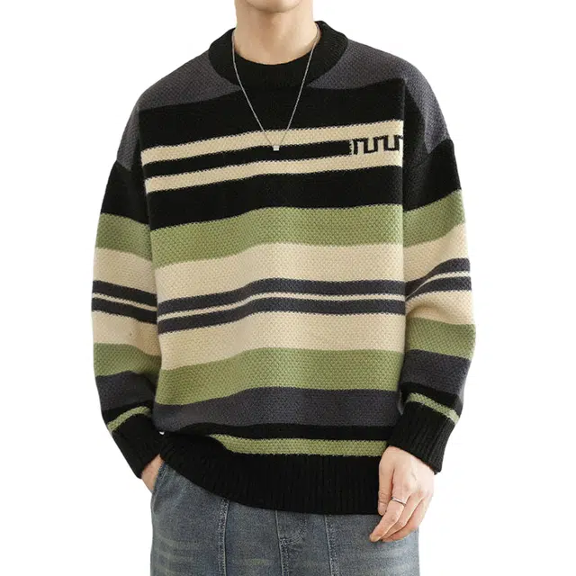 冈哉 条纹拼接拼色圆领套头设计美式学院风日系复古慵懒风小众上衣宽松休闲百搭舒适针织衫 男女同款