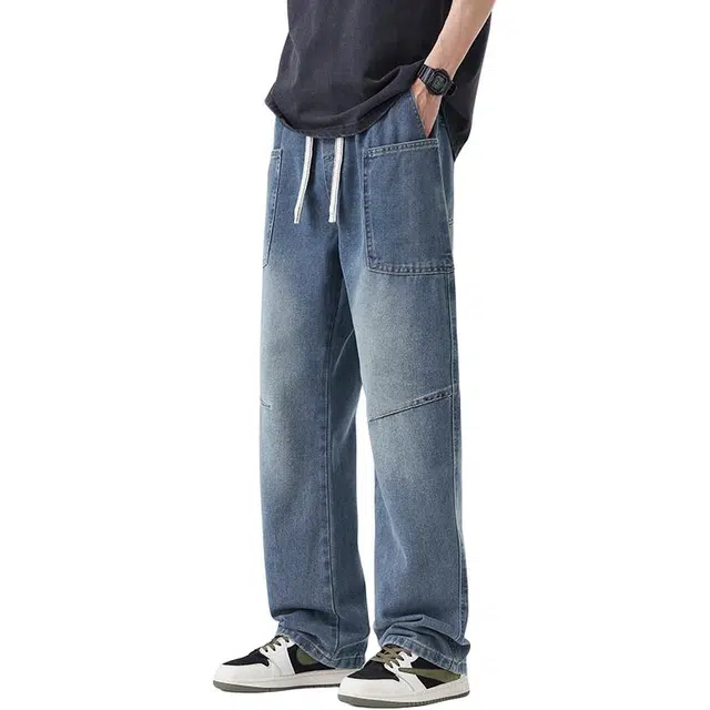 么宁 美式复古大口袋工装裤潮流时尚简约百搭宽松直筒裤舒适透气阔腿运动牛仔裤 男女同款