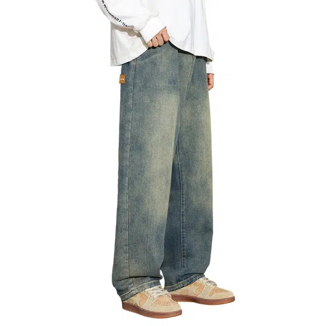 顶峰保罗 美式水洗复古做旧潮牌直筒无性别主义休闲阔腿长裤显高显瘦宽松大码百搭高街垂感牛仔裤 男女同款
