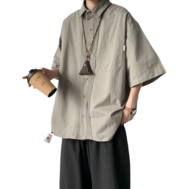 北极绒 日系复古短袖夏季百搭休闲宽松潮牌半袖衬衫 男款