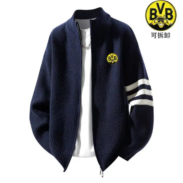 普鲁士多特蒙德 港风潮牌高街双拉链学生简约纯色提花针织外套防静电男宽松百搭情侣休闲开衫毛衣 男女同款