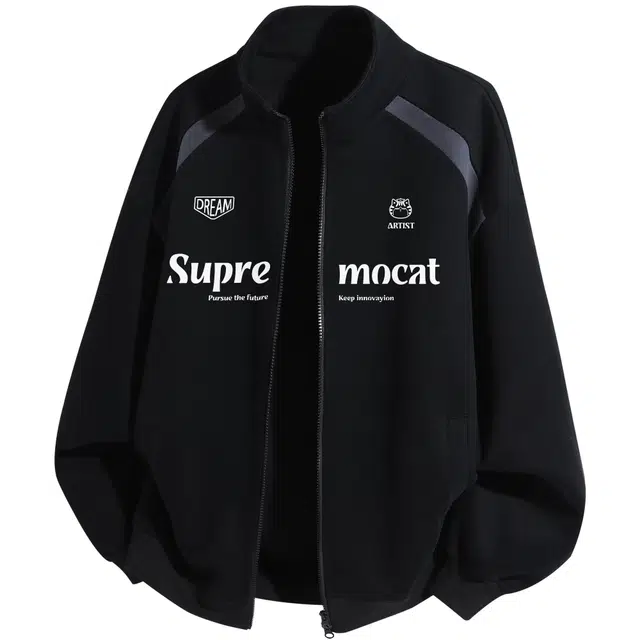 吾皇猫 学院风美式复古无性别穿搭潮流字母印花简约百搭舒适透气外套拼接设计感插肩袖立领运动休闲长袖早秋开衫卫衣 男女同款